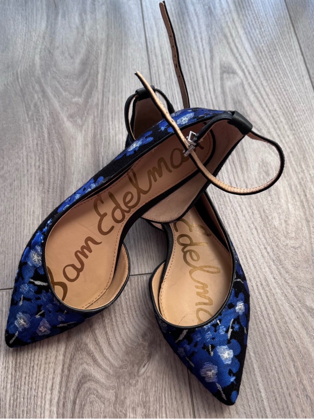 Sam Edelman Blue Floral Pointed-Toe Ankle-Strap Flats with Black Trim